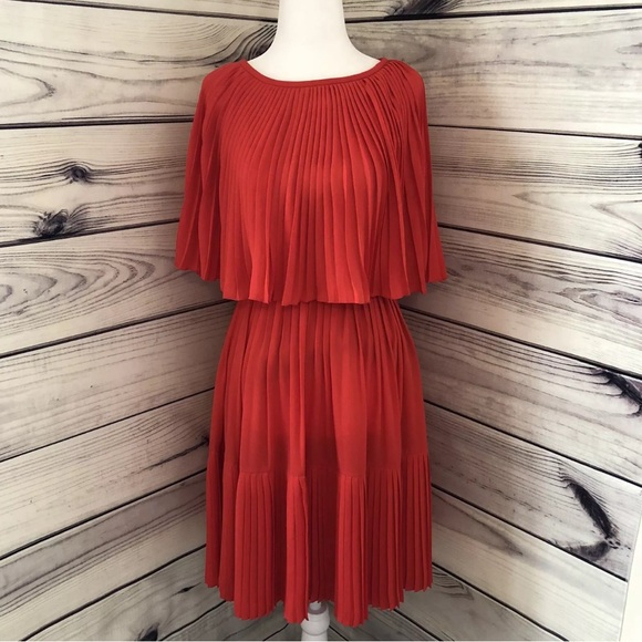 NWT KATE SPADE Persimmon Grove Red Orange Pleated Popover Cape Fit Flare Dress - Picture 3 of 16